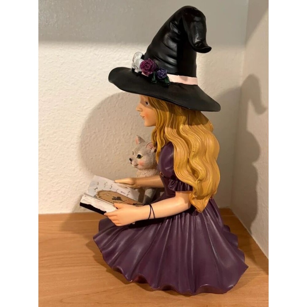 Halloween Witch Girl & Cat Reading Book Figurine Decor NWT - Picture 3 of 6